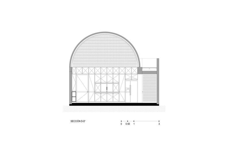 Section drawing revealing a vaulted roof structure with exposed trusses and lattice framework