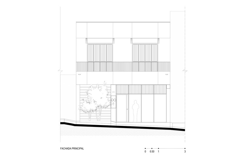 Front elevation drawing showing a two-story facade with vertical slats and a planted courtyard