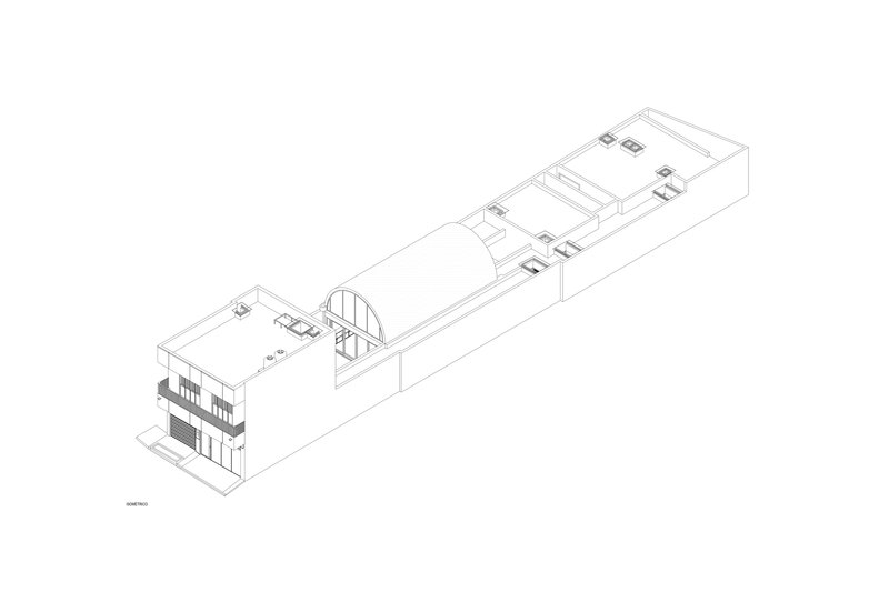 Axonometric drawing revealing a narrow building with central barrel vault and street-facing facade