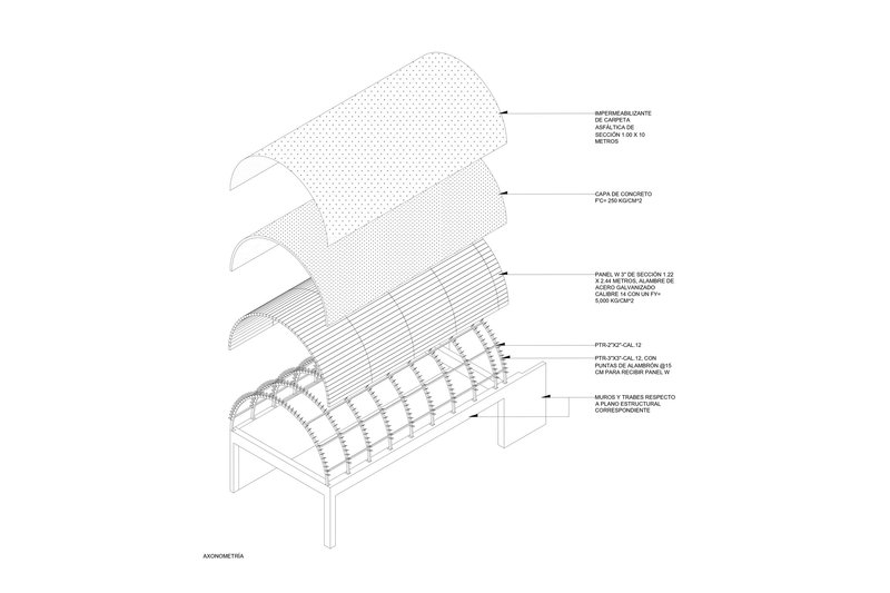 Exploded axonometric showing layered roof construction with curved structural framing and membrane assembly