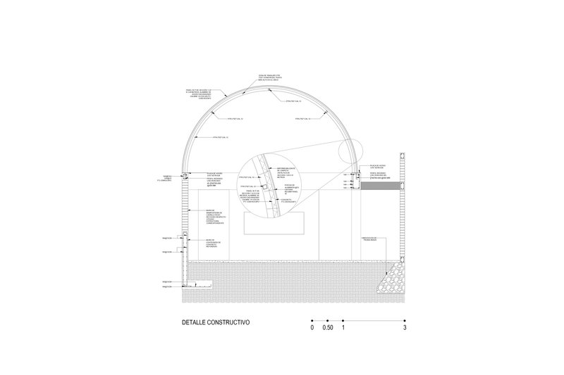 Construction detail section through the arched vault structure with labeled material specifications
