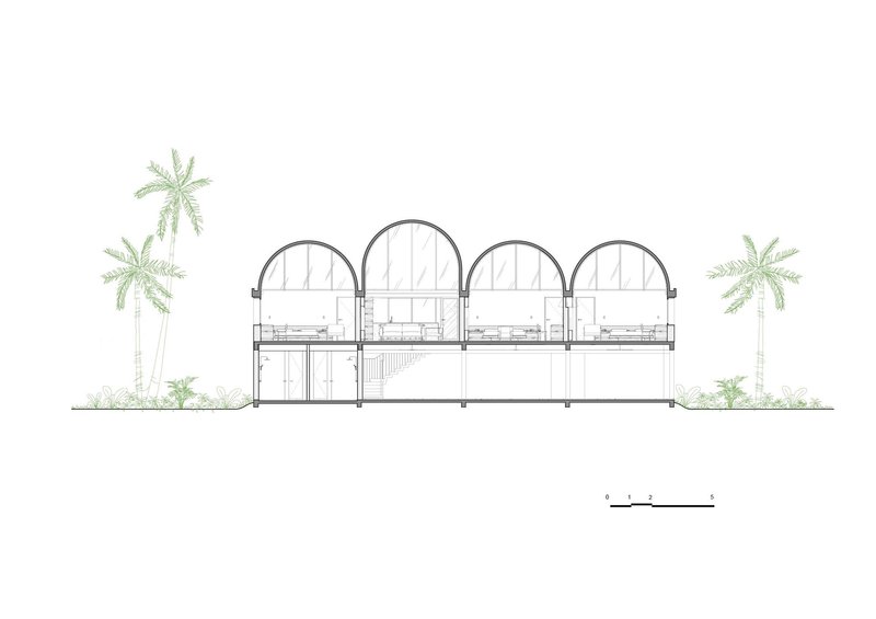 Section drawing revealing interior spaces beneath four arched vaults with palms on either side