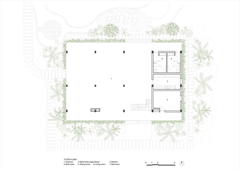 First floor plan drawing depicting a large open hall flanked by service rooms and vegetation