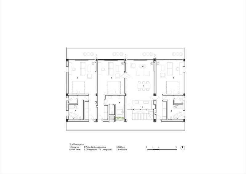 Second floor plan showing bedrooms, bathrooms, living spaces, and a central kitchen with dining area