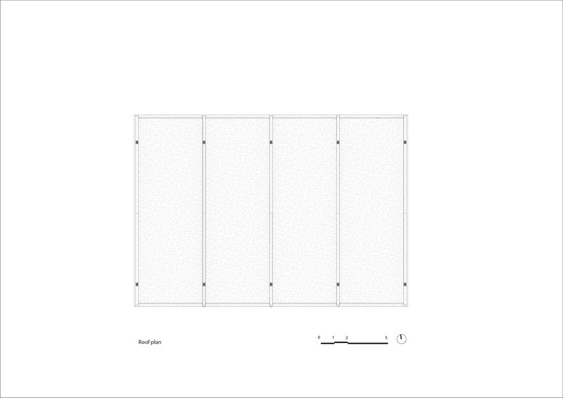 Roof plan showing four rectangular bays divided by structural columns