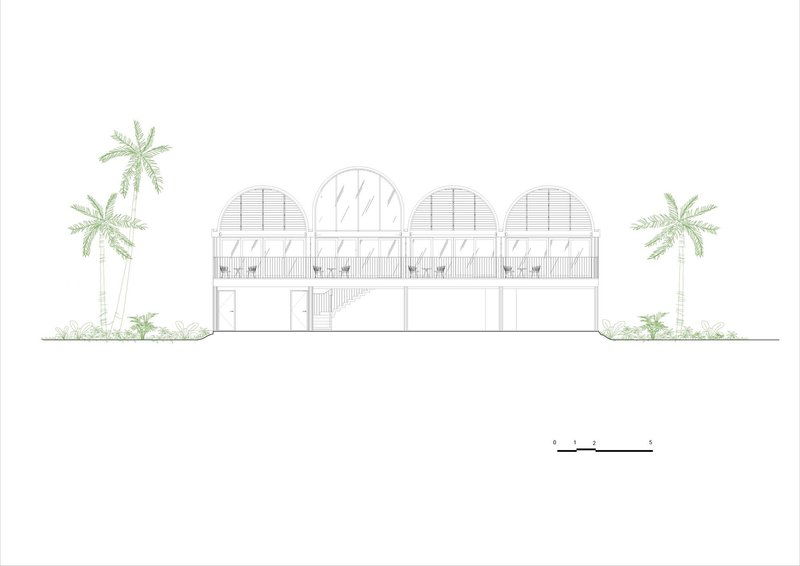 Elevation drawing showing four arched vaults above two levels with palm trees in the landscape