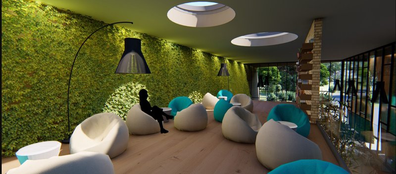 Biophilic lounge with green wall integration, soft seating, and diffused skylight illumination.
