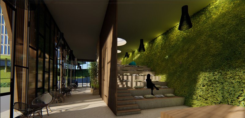 Sectional seating staircase activating vertical space as a social and performative interior element.