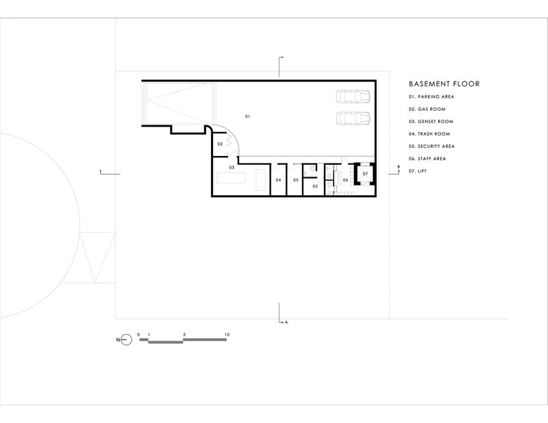 Basement floor plan showing parking area and service rooms with lift core