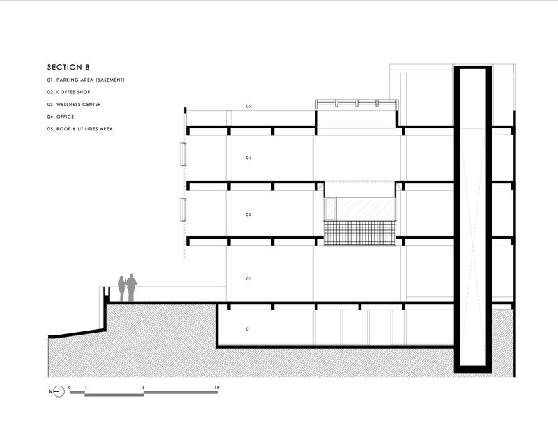 Section drawing illustrating stacked program spaces with two figures on the sloped ground plane