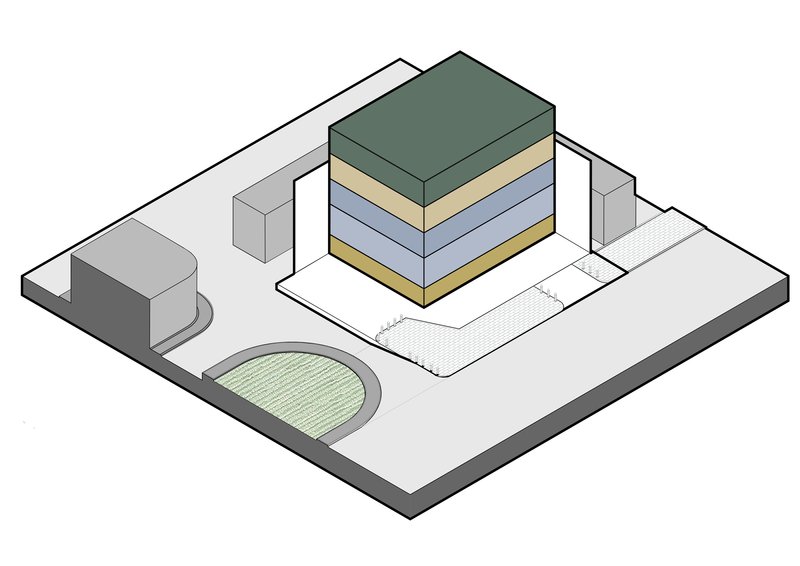 Axonometric diagram revealing layered floor plates in green, tan, and blue tones