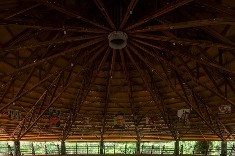 Upward view of radial timber roof structure with central oculus and woven bamboo ceiling panels