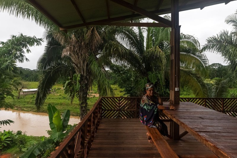 Covered timber deck with patterned railing overlooking palm trees and river during overcast weather