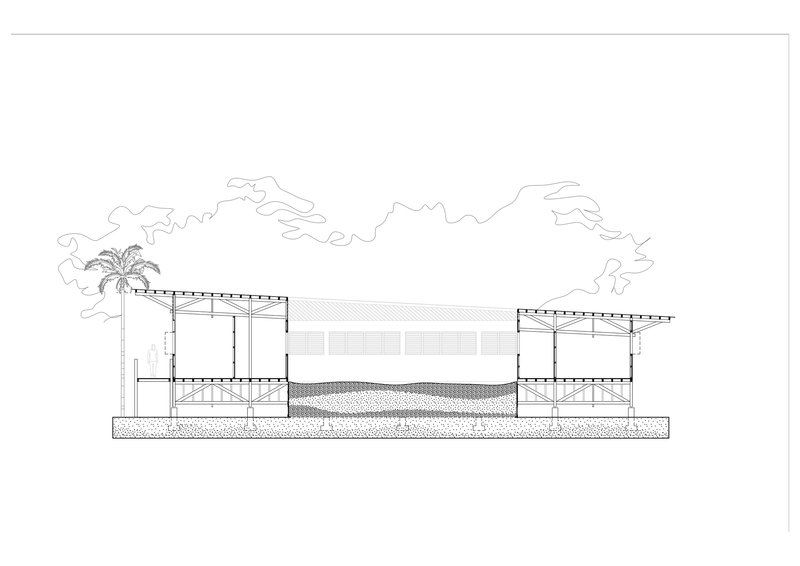 Section drawing revealing interior volumes beneath a sheltering roof with structural trusses and a central courtyard