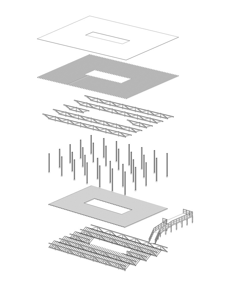 Exploded axonometric drawing showing roof plane, ceiling slats, trusses, columns, and floor slab assembly layers