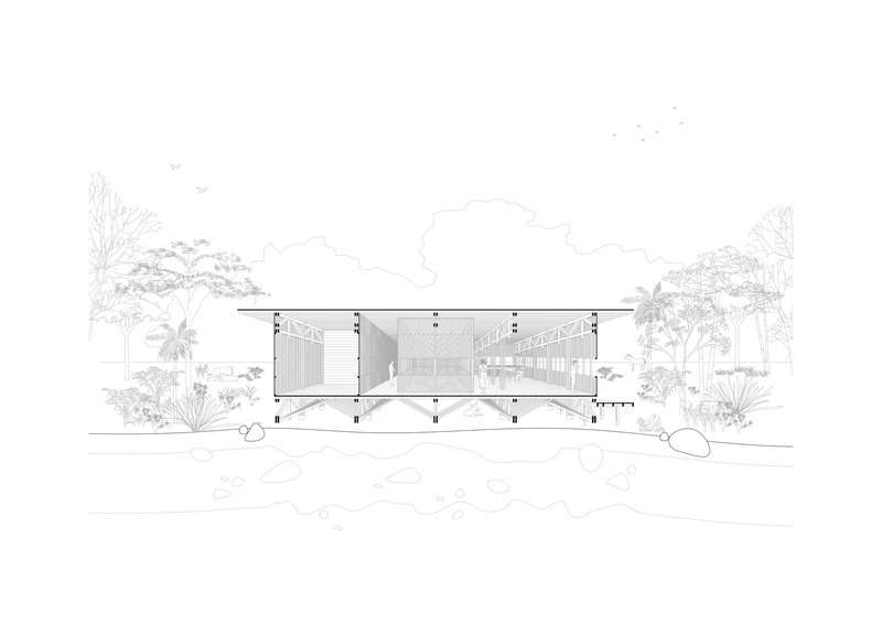 Section drawing through the pavilion with tropical vegetation and clouds sketched in the surrounding landscape