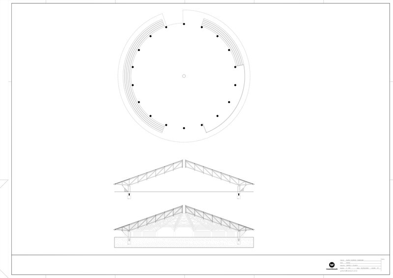 Plan and section drawings showing a circular structure with radial columns and triangulated truss roof system