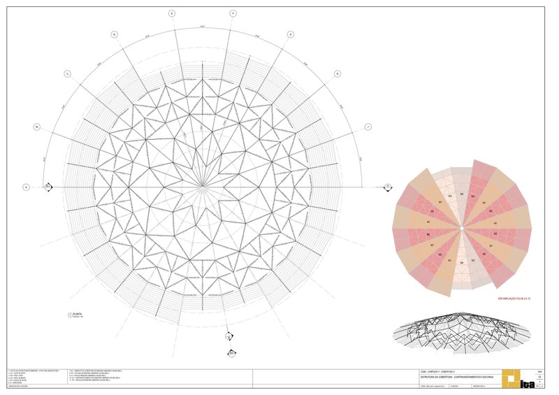 Structural roof plan drawing displaying radial geometry with triangulated framework and material color scheme diagram