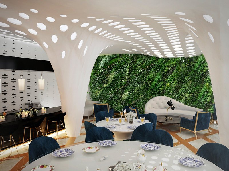 Biophilic integration meets computational design, where green walls anchor an immersive and sculptural interior environment.