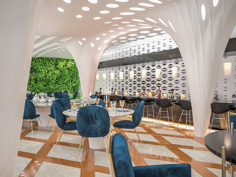 A dynamic interplay of light, texture, and geometry enhances the bar and seating zone within a continuous architectural language.