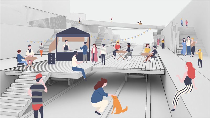 Activated public platforms host temporary programs, transforming transit space into a social and cultural hub.