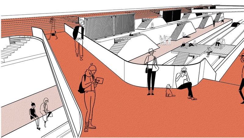 Elevated circulation and viewing edges create dynamic perspectives, reinforcing the relationship between movement and space.