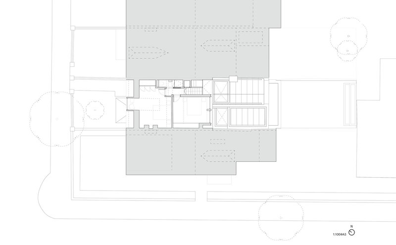 Floor plan drawing showing expanded interior rooms with staircase and pool on the eastern side