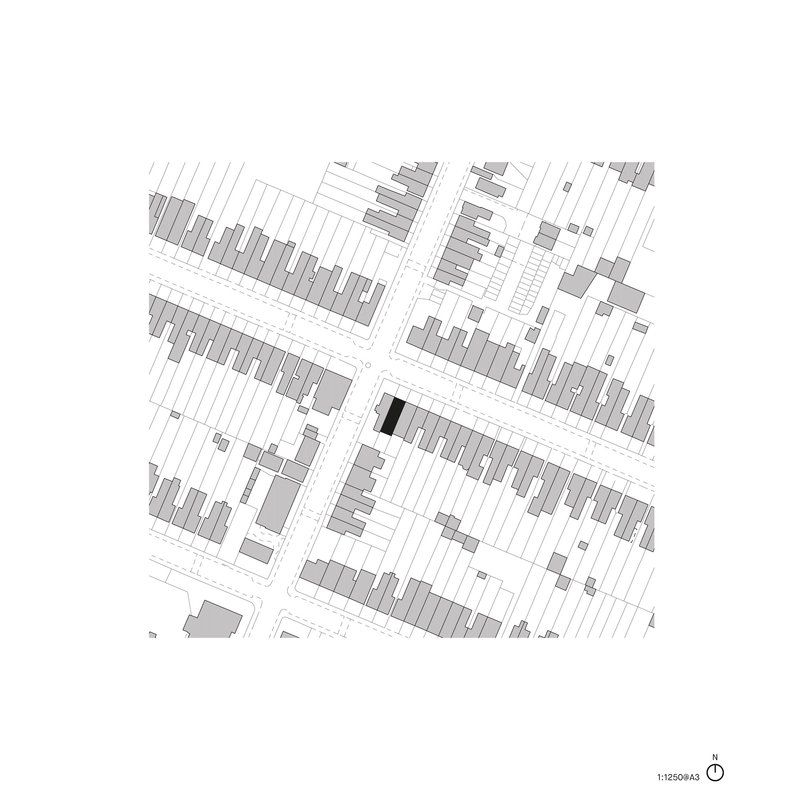 Site plan drawing showing rows of terraced houses with one building highlighted in black