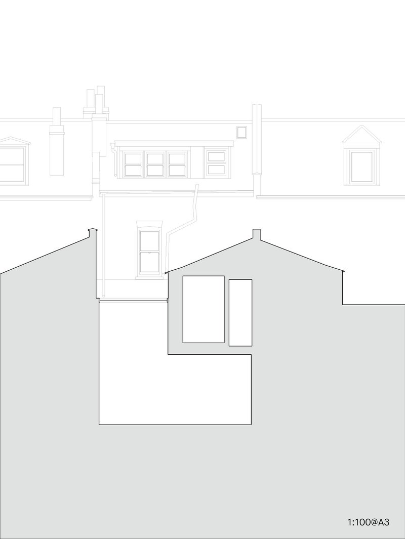 Elevation drawing showing the rear facade with chimney stacks and window openings between neighboring buildings