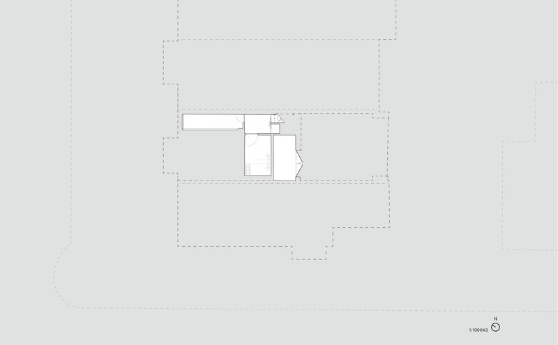 Upper level floor plan showing a compact core with bathroom and stair adjacent to surrounding terraces