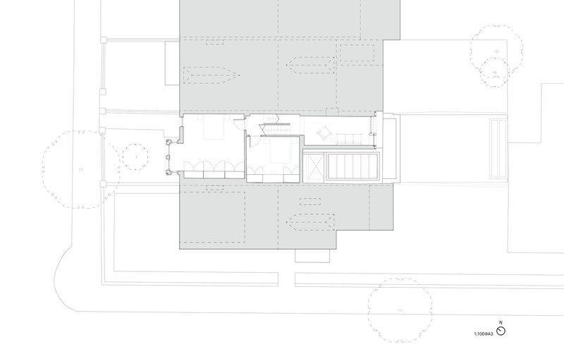 Floor plan drawing showing a pool addition to the east terrace beside the main living area