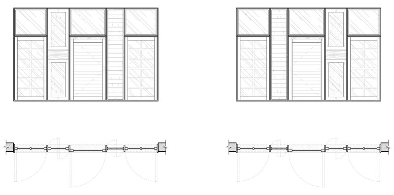 Elevation drawings showing varied facade compositions with vertical and horizontal paneling patterns and window placements