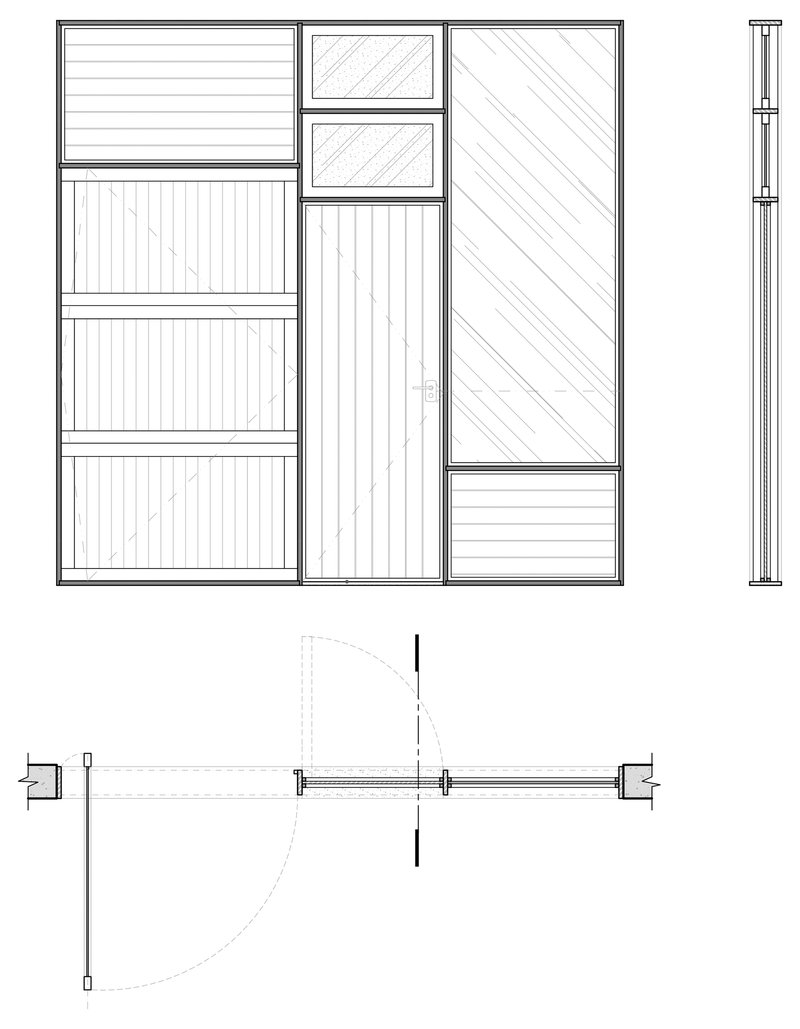 Elevation and section drawing showing facade panel arrangements with detailed column assembly and swing radius notation