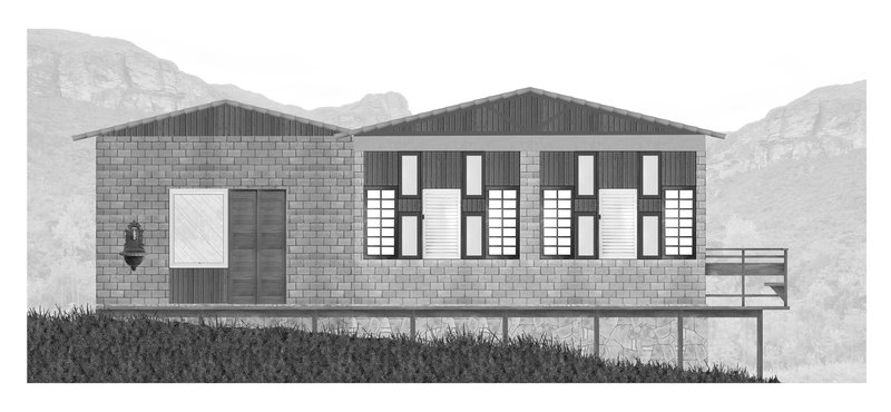 Elevation rendering of block and timber clad facade with shuttered windows against a mountainous backdrop