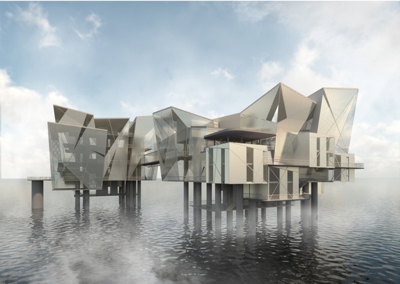 Adaptive reuse in architecture showcasing a futuristic floating complex with passive cooling and faceted metal envelopes.