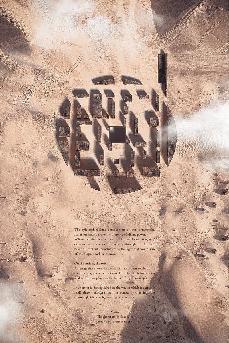 A fragmented circular plan embedded in the desert, symbolizing a broken yet enduring idea of home.