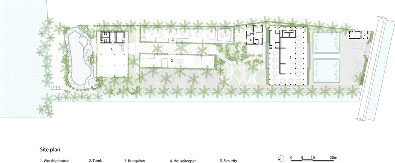 Site plan drawing showing worship house, tomb, bungalow, housekeeper and security buildings among landscaping