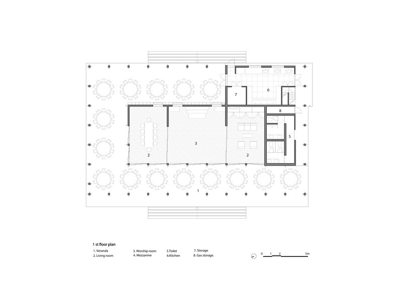 Floor plan drawing showing worship room and living spaces surrounded by a verandah with circular trees