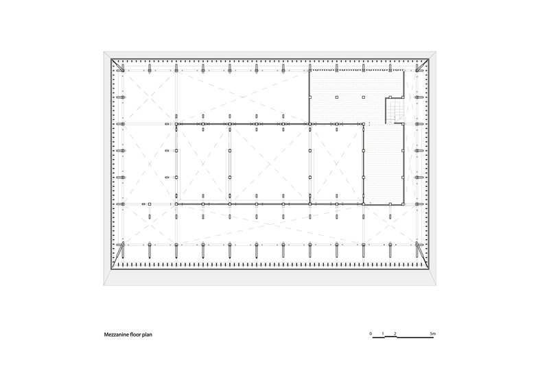Floor plan drawing of mezzanine level with column grid and perimeter circulation zone