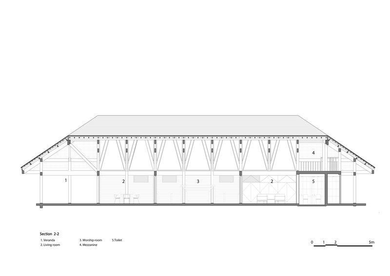 Section drawing showing shallow pitched roof with exposed diagonal bracing over living and worship spaces