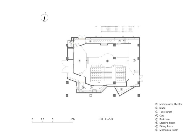 First floor plan drawing showing a multipurpose theater with seating rows and stage