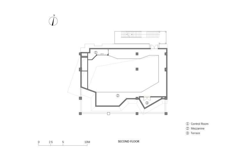 Second floor plan drawing showing a mezzanine level with control room and terrace