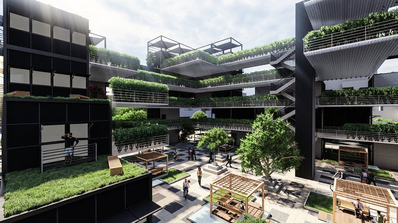 Layered modular terraces create a vibrant courtyard, blending circulation, greenery, and social interaction into a cohesive living ecosystem.