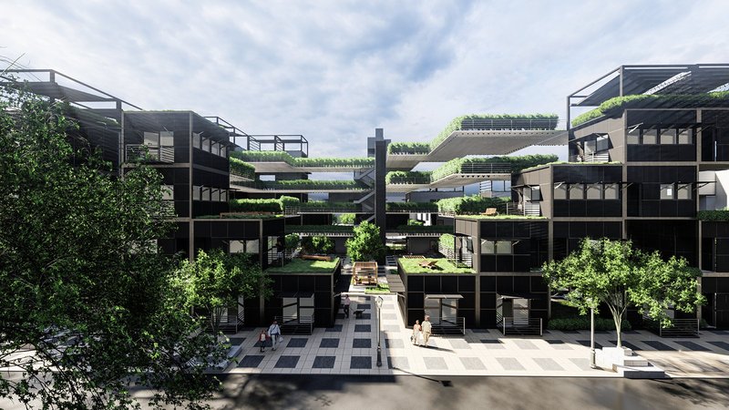 Adaptive housing units form a dense yet breathable urban fabric, integrating modular living with open communal streets.