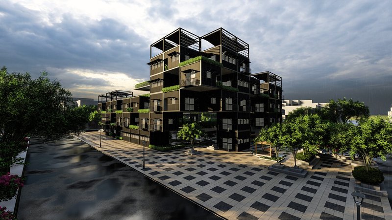 Stacked modular volumes redefine collective housing, combining prefabricated units with green terraces and dynamic spatial layering.