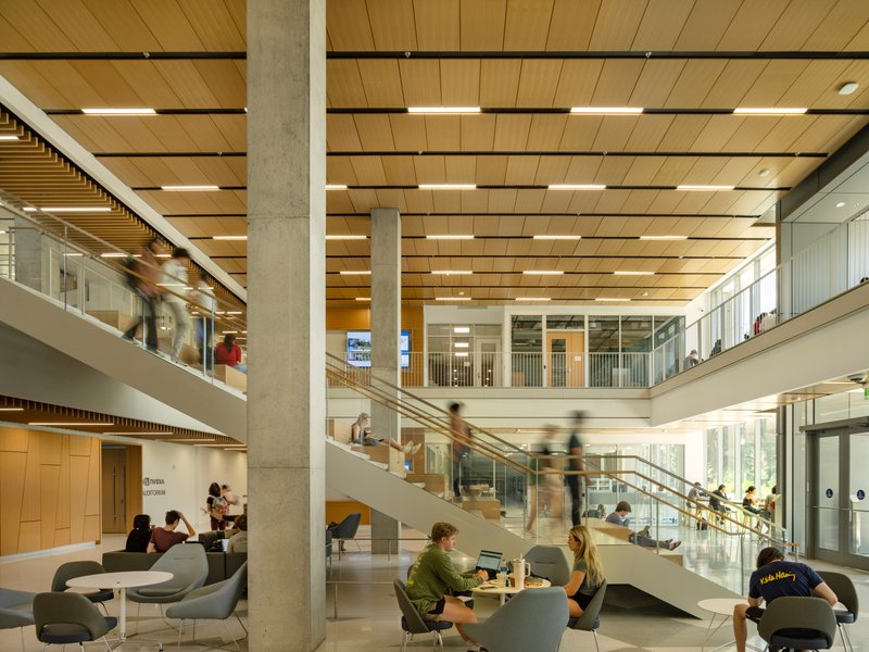 Triple-height atrium with timber ceiling panels and central staircase connecting gathering spaces occupied by students