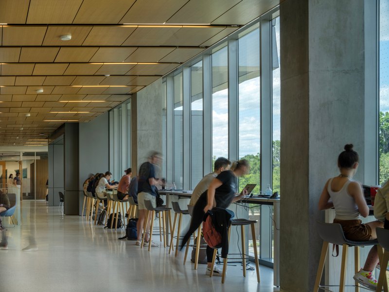 High counter seating along a glazed wall with concrete columns and wood ceiling panels overhead