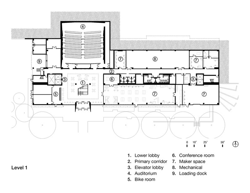Floor plan drawing showing the ground level with auditorium, lobby spaces, and maker areas