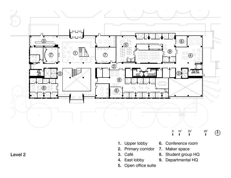 Floor plan drawing showing the second level with cafe, open office suite, and student spaces