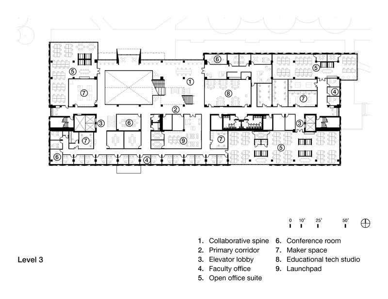 Floor plan drawing showing the third level with collaborative spine, faculty offices, and educational studios